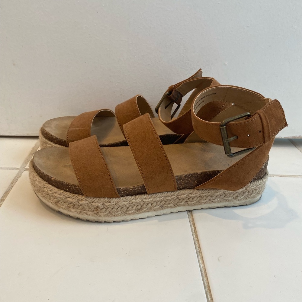 Tan Suede Strappy Platform Sandals Size: 8